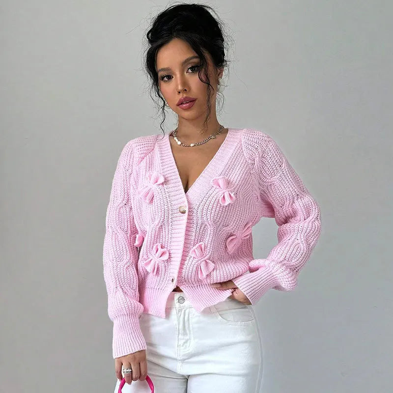 Women's Knitted Bow Cardigan Elegant Long Sleeve Tops Sweater Knitwears Top Female Clothing Fall Autumn Pink White Blue Purple