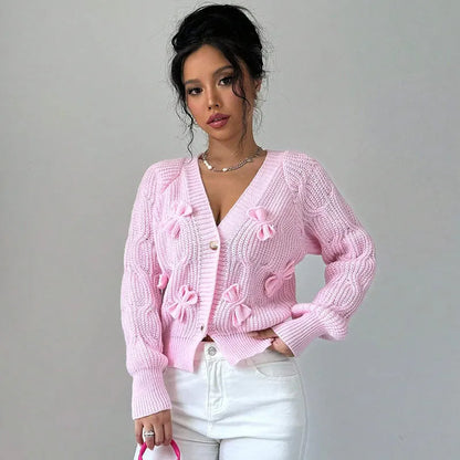 Women's Knitted Bow Cardigan Elegant Long Sleeve Tops Sweater Knitwears Top Female Clothing Fall Autumn Pink White Blue Purple