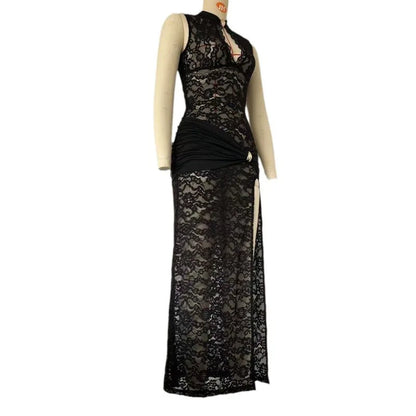 Elegant Black Lace Hollow Out Long Dress Women's Ruched High Slit Dresses Evening Party Club Wear Cocktail Summer Burgundy White