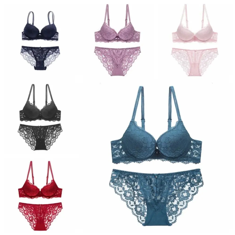Comfortable Mesh Lace Flower Bra Low Waist Bowknot Bra Panties Set Non Slip Intimates Push Up Bra Women Summer