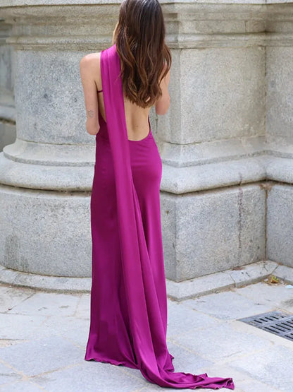 Satin Ribbon Long Dresses Women's Backless Casual Silk Dress Evening Wedding Guest Blue Green Black Yellow Red Pink Summer Prom