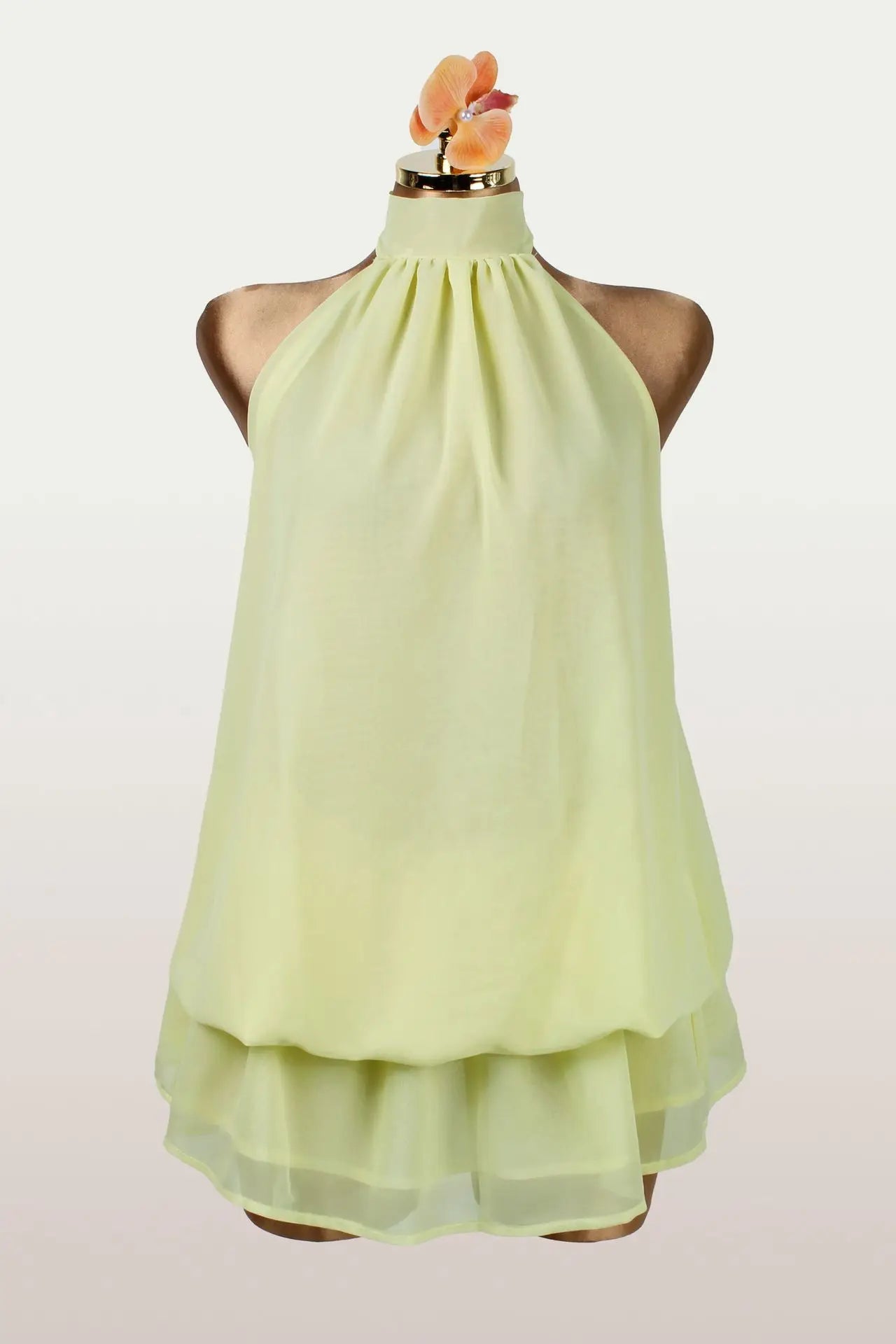 Sexy Yellow Chiffon Backless Mini Dress Women's Halter Casual Short Dresses Summer Khaki Brown Blue Pink Polka Dot Floral New
