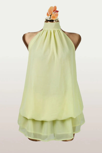 Sexy Yellow Chiffon Backless Mini Dress Women's Halter Casual Short Dresses Summer Khaki Brown Blue Pink Polka Dot Floral New