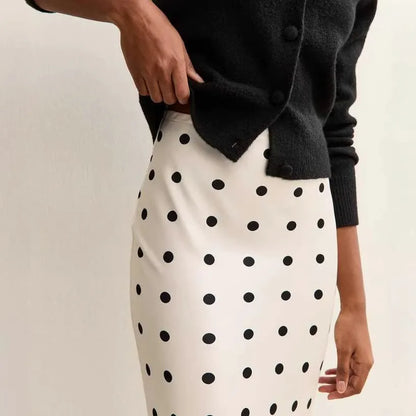 Satin Polka Dot Lace Patchwork Midi Skirt Women's High Waist Slik Skirts Female Clothing Black Fashion White Office Lady Summer