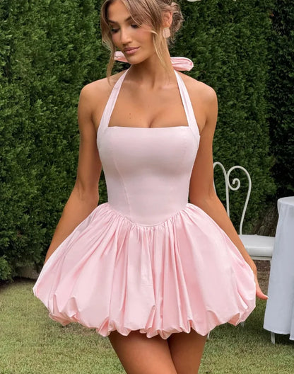 Elegant Red Backless Corset Halter Mini Dress Women Puff Hem Short Dresses Summer Evening Party Birthday Wedding Guest Cocktail