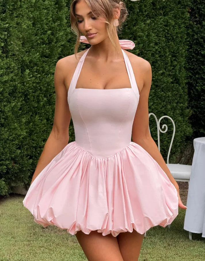 Elegant Polka Dot Corset Halter Mini Dress Women Puff Hem Short Dresses Summer Evening Party Birthday Wedding Guest Pink Black